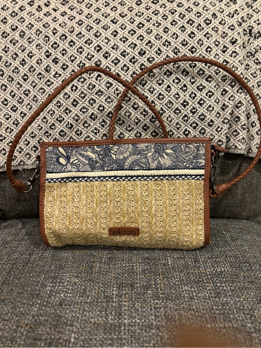 Sakroots Straw Crossbody with Navy Floral Panel and Brown Trim